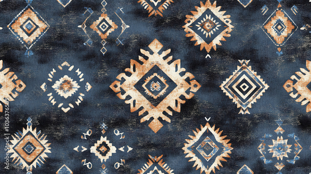 Wall mural sophisticated navajo seamless pattern featuring mix of tribal motifs in earthy tones and deep blue b