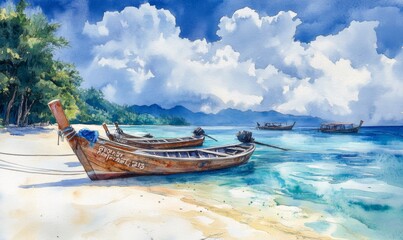 Obraz premium Watercolor Tropical beach, longtail boats at Lipe island in Satun, Thailand.