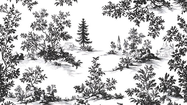 Elegant black and white toile de Jouy fabric pattern featuring intricate landscapes, trees, and architectural elements, perfect for adding classic touch to any decor