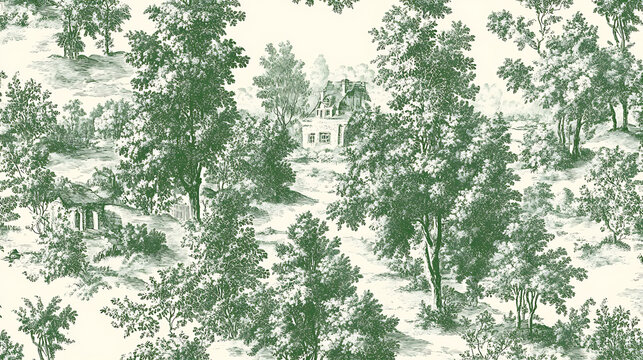 Sophisticated Toile de Jouy fabric pattern featuring lush greenery and serene landscapes, showcasing intricate details of trees and vintage house
