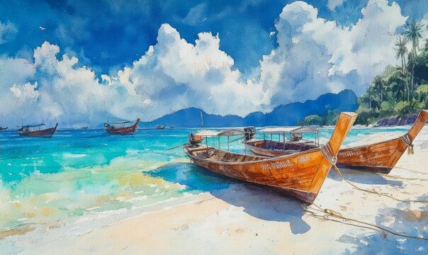 Watercolor Tropical beach, longtail boats at Lipe island in Satun, Thailand.