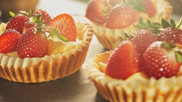 Close-up of Strawberry tarts , zoom in. slow motion. 4K Video