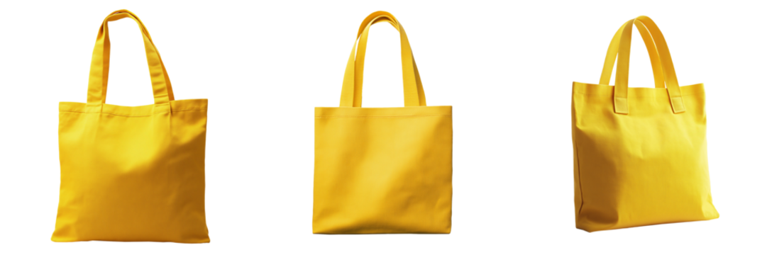 A plain, solid yellow tote bag with sturdy handles, perfect for creating design mock-ups, isolated on a transparent background - Powered by Adobe