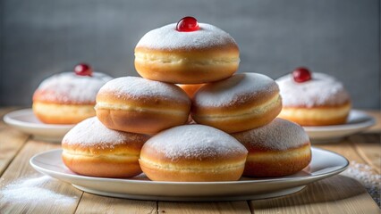 Stack of powdered sufganiyot with jelly on wooden table