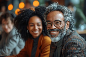 Happy professionals collaborating in a bright office meeting for a project discussion
