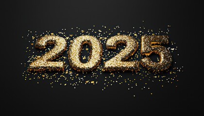 Sparkling golden "2025" on a black backdrop, perfect for holiday and event promotions.
