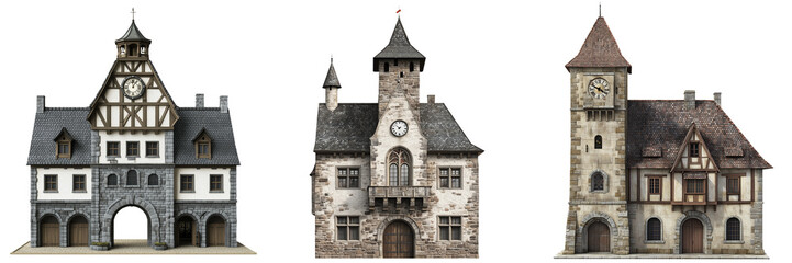 Naklejka premium A classic medieval European town hall with a tall clock tower and stone walls, isolated on a transparent background