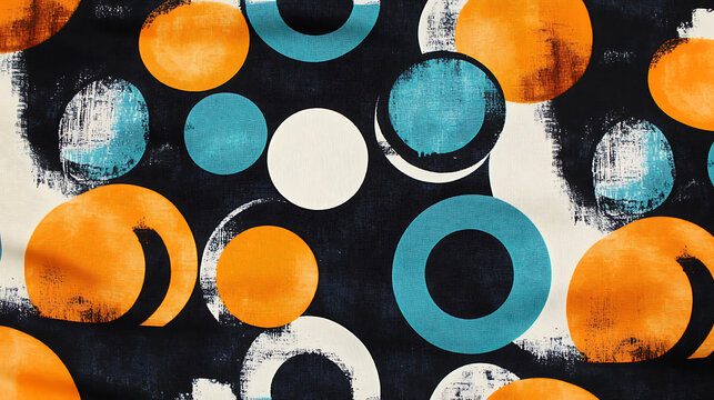 High quality seamless fabric pattern featuring retro style circles in vibrant colors, including orange, blue, and white, set against dark background. This design evokes playful and artistic vibe