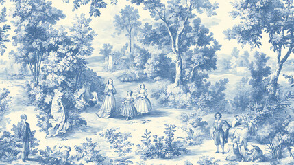 Classic Toile de Jouy fabric pattern featuring historical scenes in blue and white. intricate design showcases figures in pastoral setting, surrounded by lush foliage and trees, evoking sense of