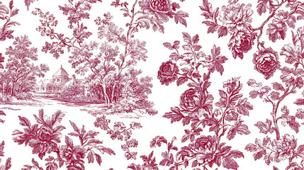 Charming Toile de Jouy seamless pattern featuring playful floral designs and scenic landscapes in rich red tones. This elegant textile design adds touch of sophistication to any decor