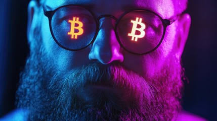 Portrait of a young person under neon lighting wearing bitcoin cryptocurrency glasses