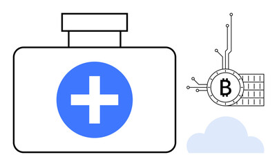 A medical kit with a cross symbol next to a Bitcoin logo atop a circuit board. A cloud icon is below. Ideal for discussing healthcare, cryptocurrency, tech innovation, digital transactions, financial