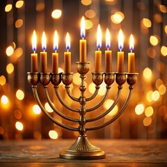 Lit menorah with glowing bokeh lights in festive setting
