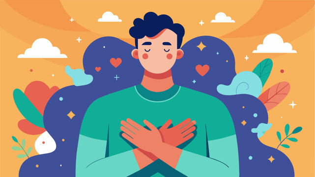 Slowly the man starts to appreciate the beauty in imperfection and embraces his flaws both physically and mentally.. Vector illustration