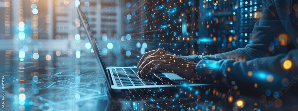 Aufkleber Digital Designer Creating Website with Laptop and server Room Background Virtual Reality IT Support Big Data Storage AI Databases Business Technology Concept