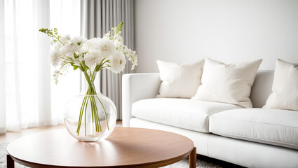 Bright living room with white sofa and fresh floral centerpiece