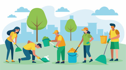 Fototapeta premium Residents beautifying their streets by picking up litter and planting trees creating a cleaner and greener environment for everyone.. Vector illustration