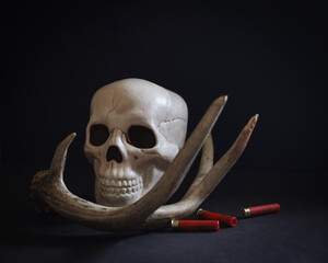 Spooky Halloween skull. Front view of a fake skull with deer antlers and bullets on black background.