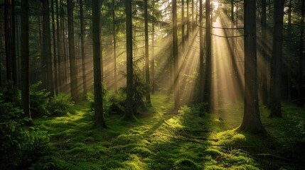Fototapeta premium Sunbeams Illuminating a Misty Forest