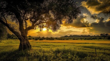 Fototapeta premium Sunset Landscape with a Silhouette of a Tree