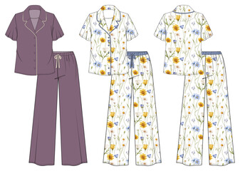Women&rsquo;s Pajamas, Sleep wear, Fashion Flat Sketch Vector Illustration, CAD, Technical Drawing, Flat Drawing, Template, Mockup.