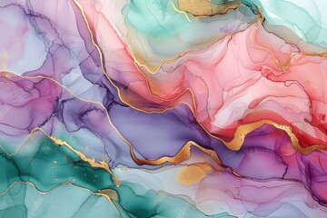 Fototapeta premium Elegant Fluid Art with Pastel Colors and Gold Accents Featuring Organic Ink Patterns in Pink, Green, Blue, and Red with Textures of Purple, Turquoise, Magenta, and Metallic Veins