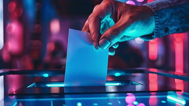 A hand places a ballot into a glowing ballot box in an illuminated environment, emphasizing the importance of voting and participation in the democratic process.