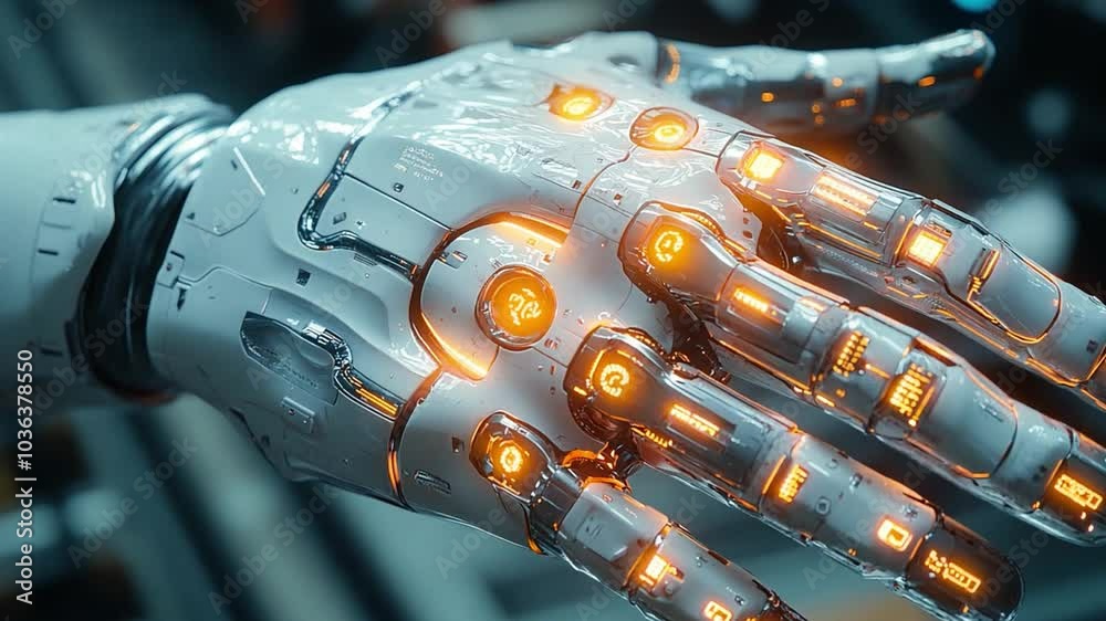 Poster This robotic hand showcases intricate designs and bright buttons, highlighting advanced engineering. Prosthesis