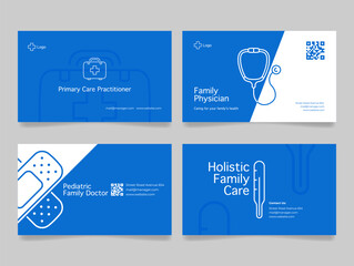 Family doctor card design featuring various specialized healthcare services for patients and families