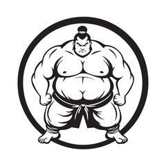 Sumo Wrestler in Monochrome Circle: A Powerful Symbol of Strength and Tradition logo design vector