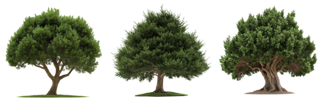 A yew tree with dark green, dense foliage and a broad, sturdy trunk, isolated on a transparent background