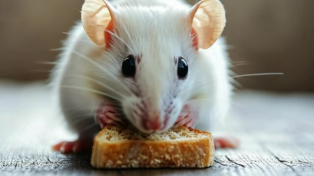 A white rat eats a piece of bread on a wooden table