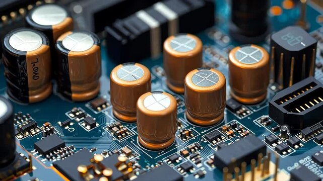 A close-up view of a circuit board with several capacitors