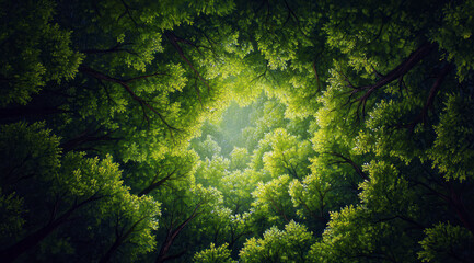 Immerse yourself in the serene beauty of a lush forest, gazing upward through vibrant green leaves, capturing nature's tranquility and the sense of wonder at the world above.