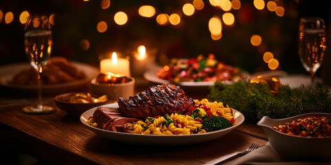 Fototapeta premium A beautifully arranged festive dinner featuring grilled meat, vibrant pasta, and fresh vegetables, illuminated by warm candlelight and surrounded by cheerful holiday decorations.