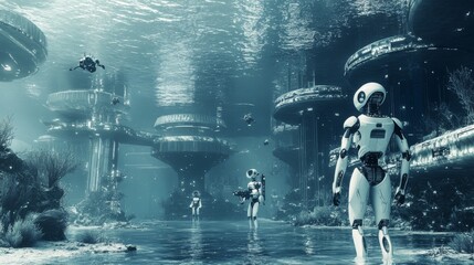 Fototapeta premium A futuristic underwater city with humanoid robots maintaining the underwater habitat, Subaquatic civilization style, photo of