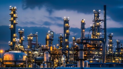 A large industrial plant with many pipes and tanks lit up at night. Scene is industrial and somewhat ominous