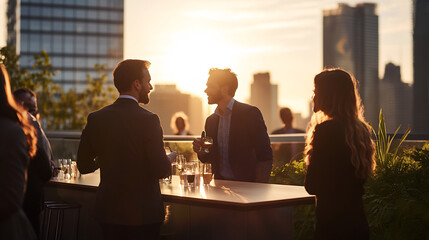 Business professionals networking at a rooftop event during sunset, with a city skyline in the background, creating a vibrant and sophisticated social atmosphere