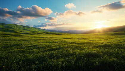 Obraz premium A stunning landscape featuring lush green hills illuminated by the soft glow of a rising sun, casting warm light across the serene meadow under a picturesque sky.