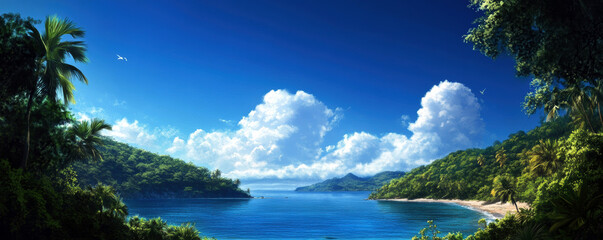 A tranquil tropical scene featuring lush greenery and a calm blue ocean under a bright sky, embodying the essence of nature's beauty and serenity.