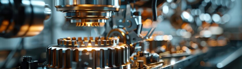 Close-up of industrial machinery with metallic gears and components.