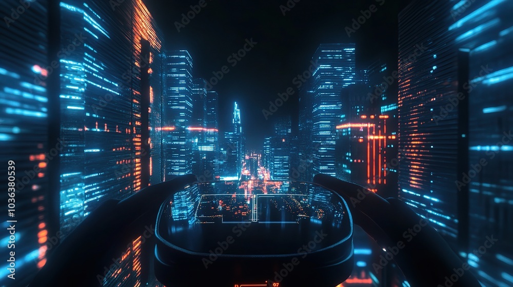 Sticker Futuristic Cityscape with Neon Lights and Technology