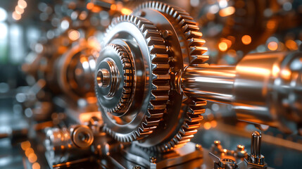 Fototapeta premium Closeup detail silver metal metallic gear parts industrial machinery shiny reflection texture for precision engineering technology mechanical design equipment workshop tools craftsmanship cog wheel