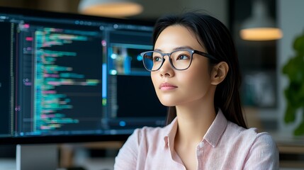 Inspiring focused female programmer analyzing code in modern tech environment with computer screen displaying data and programming language
