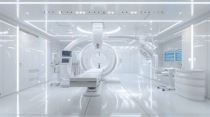 Modern high tech futuristic technology hospital medical computer scan equipment tools room for doctors technician nurse teamwork for diagnosis therapeutic treatment to improve outcome in patient care