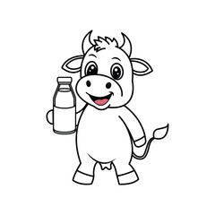Cute cow holding milk bottle design concept outline style