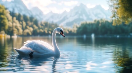 Fototapeta premium Graceful 3D Elegant Swan Gliding on a Crystal Clear Lake Surrounded by Serene Pastel Hues