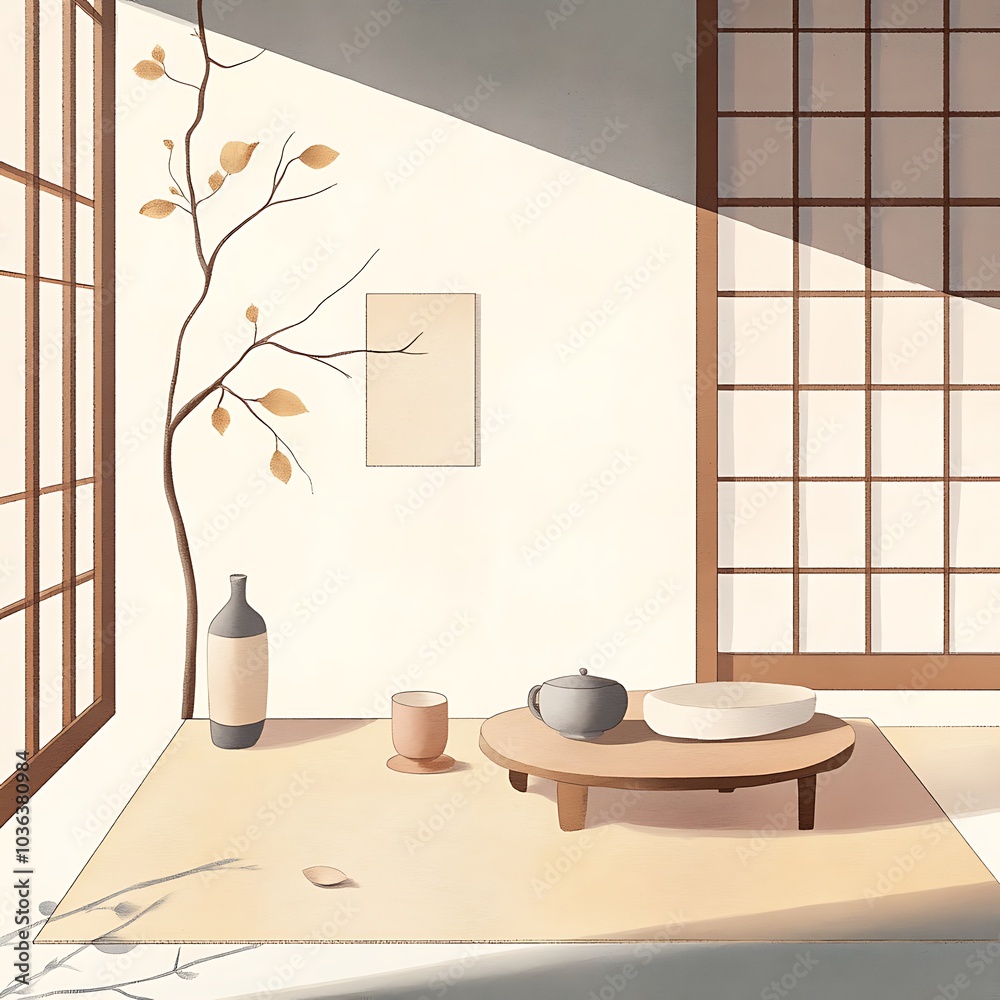 Sticker Minimalist Japanese Tea Room Interior with Sunlight Streaming Through a Window.