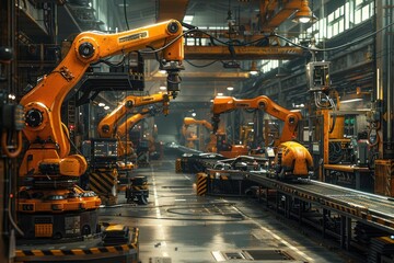 Fototapeta premium Industrial robots operating in a modern manufacturing facility, dark ambiance.