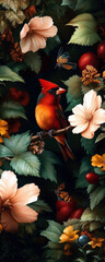 A striking red cardinal perches among lush foliage and colorful flowers, exuding natural beauty and serenity in this captivating scene of life and color.